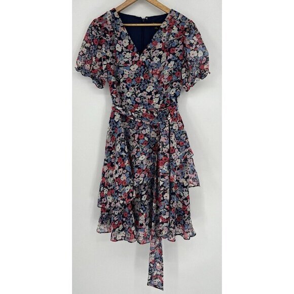 Tahari Faux Wrap Dress Clip Dot Floral Metallic Navy Magenta Women's 6 - Picture 1 of 12